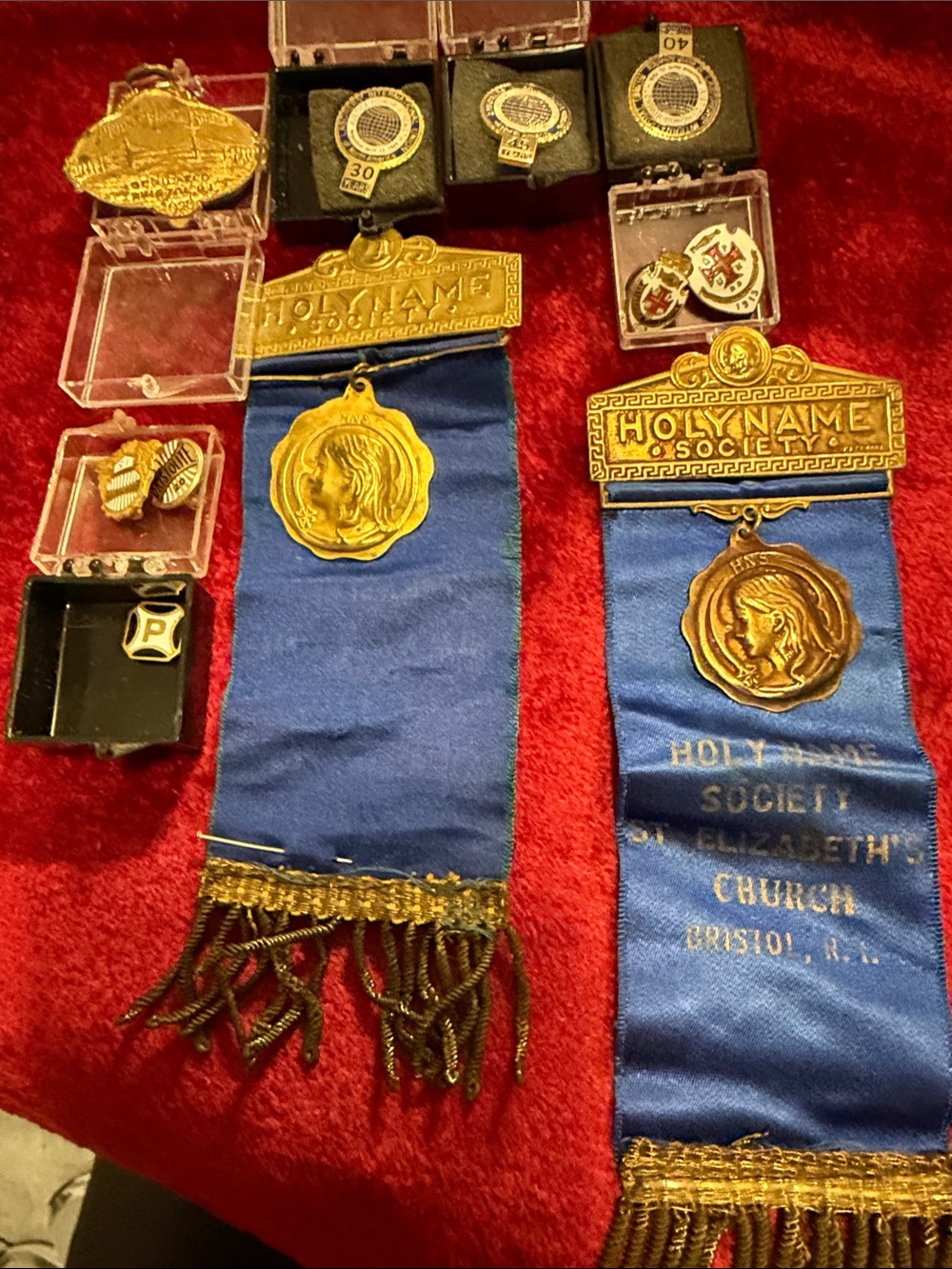Bristol RI collection of Blue Ribbon Medal Badges and pins great for collectors